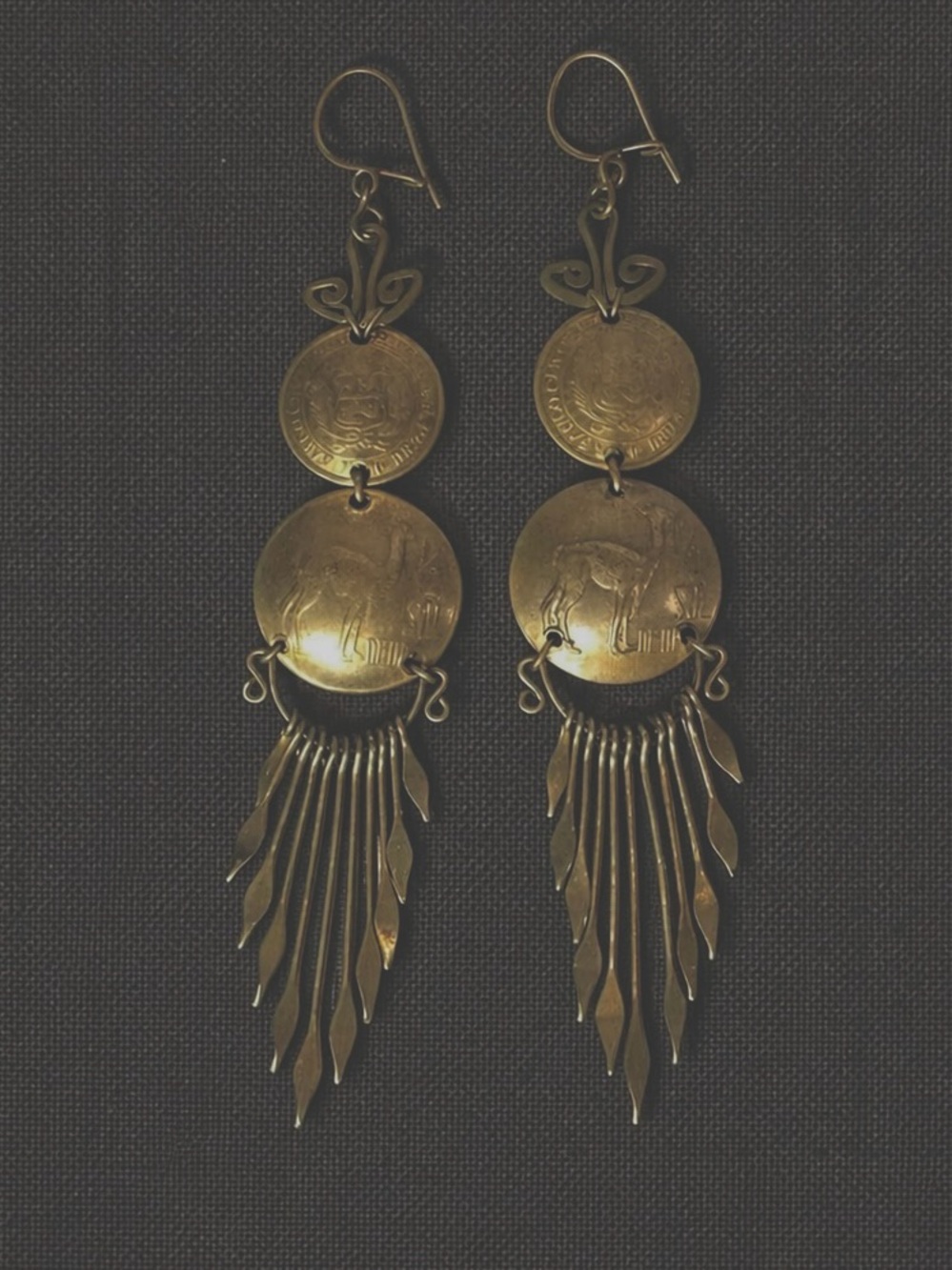 Vintage Peruvian Coin Earrings | Brass Fringe Dangle Tribal Boho Jewelry